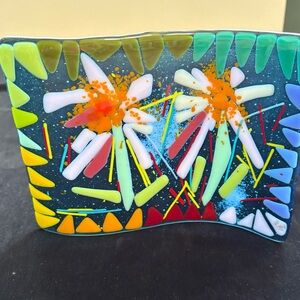 "Pink Flowers“Handmade Original Fused Art Glass Wave “Blue 8”x6”